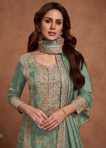 Green Embroidered Palazzo Suit