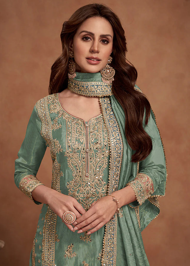 Green Embroidered Palazzo Suit