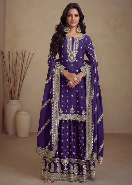 Violet Embroidered Sharara Suit