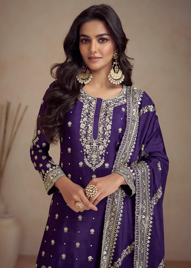 Violet Embroidered Sharara Suit