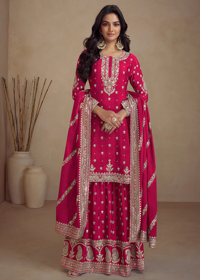 Reddish Pink Embroidered Sharara Suit