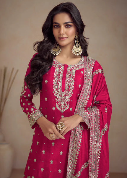 Reddish Pink Embroidered Sharara Suit