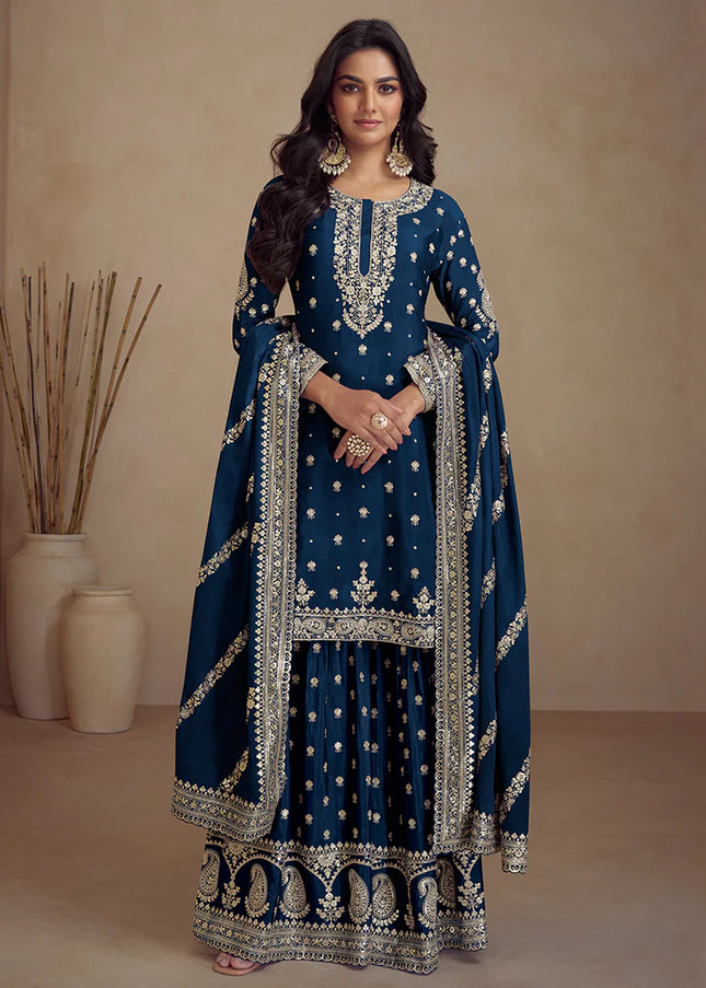 Navy Blue Embroidered Sharara Suit