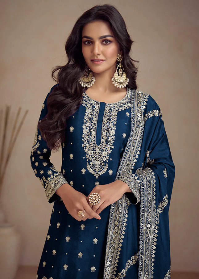 Navy Blue Embroidered Sharara Suit