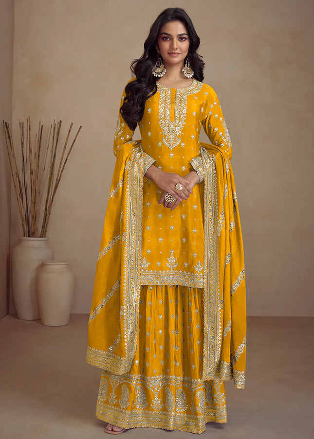 Yellow Embroidered Sharara Suit