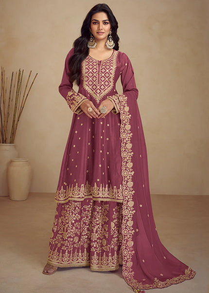 Deep Pink Embroidered Sharara Suit