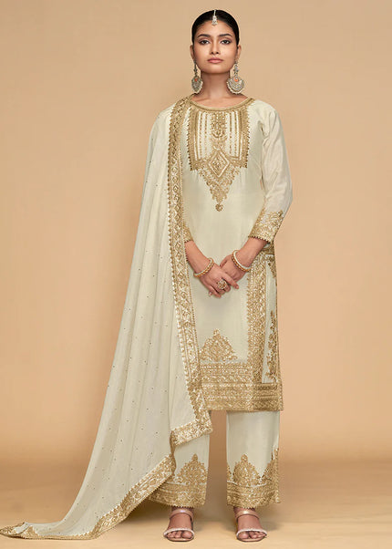 Offwhite Embroidered Pant Style Suit