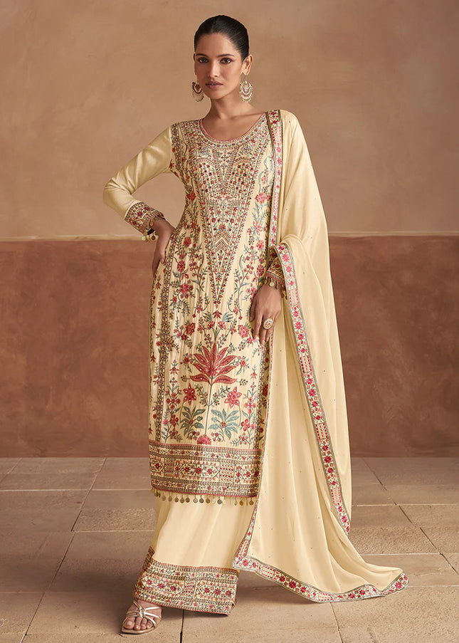 Cream Embroidered Palazzo Suit