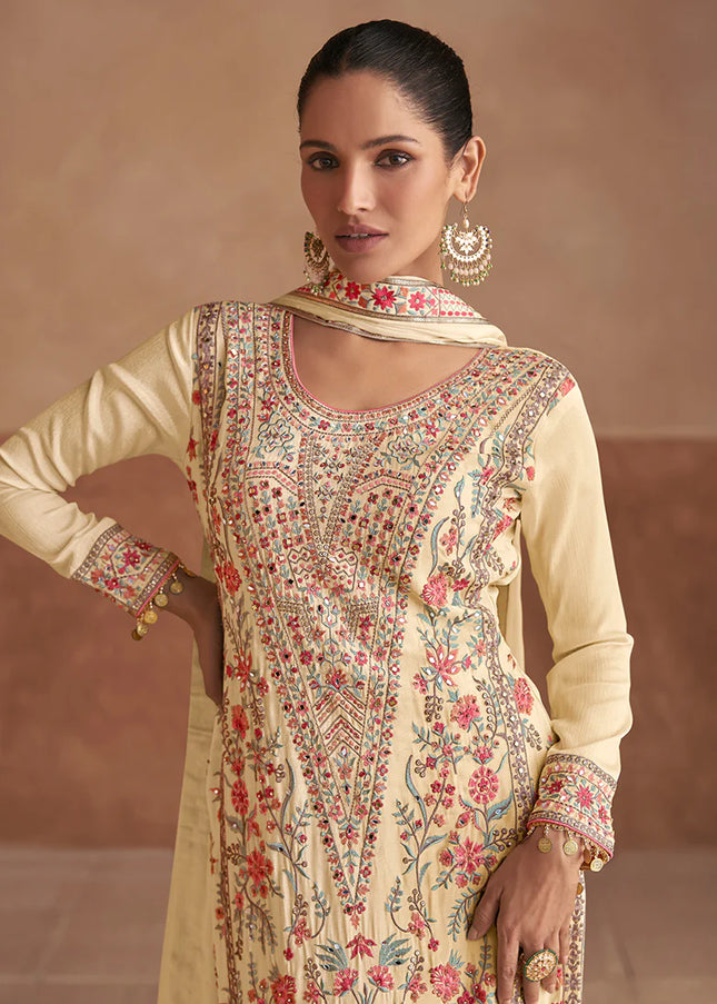 Cream Embroidered Palazzo Suit