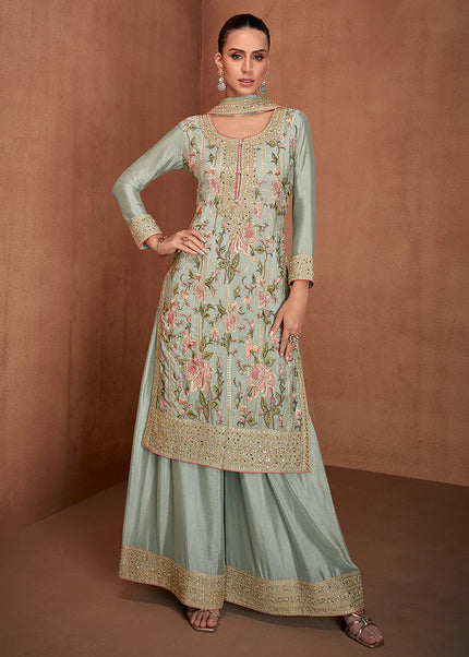 Mint Green Embroidered Palazzo Suit