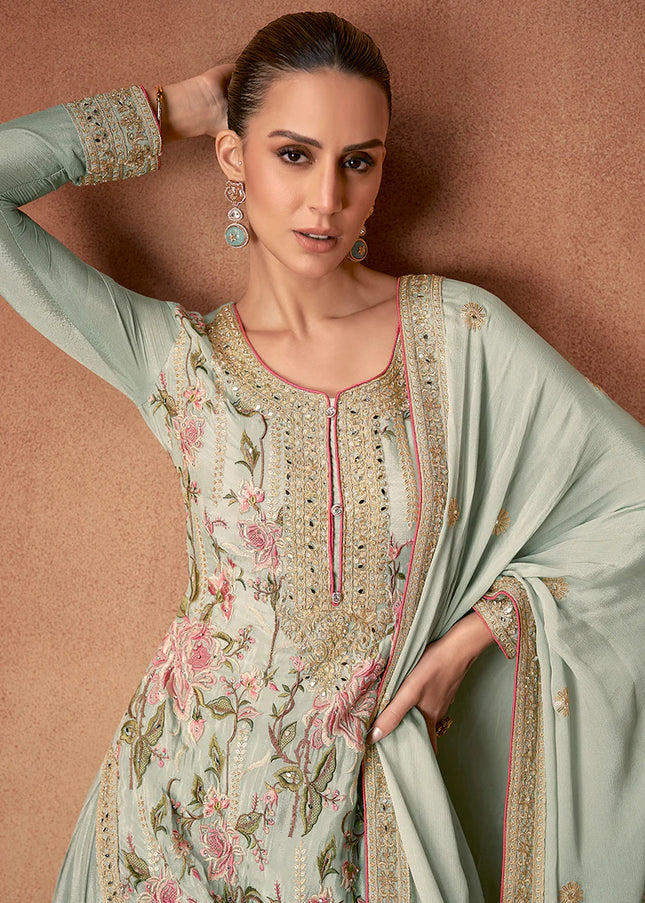 Mint Green Embroidered Palazzo Suit