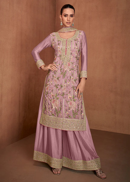 Pink Embroidered Palazzo Suit