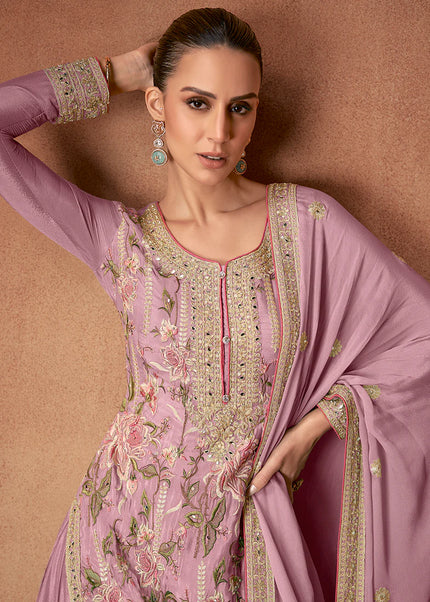 Pink Embroidered Palazzo Suit