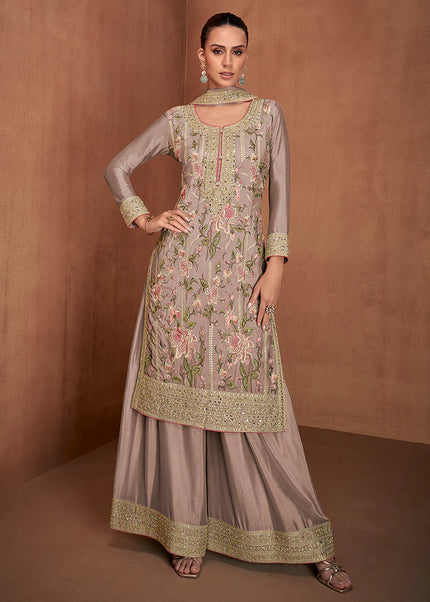 Mauve Embroidered Palazzo Suit