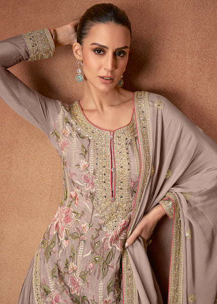 Mauve Embroidered Palazzo Suit