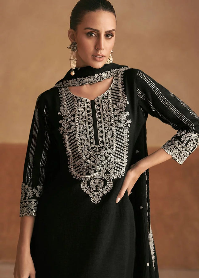 Black Embroidered Palazzo Suit