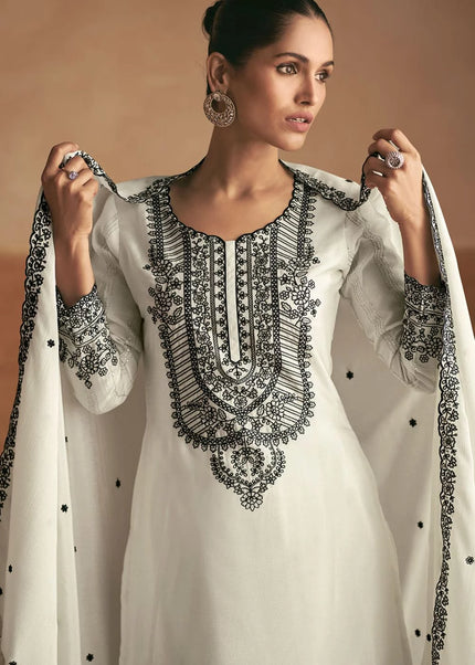 White Embroidered Palazzo Suit