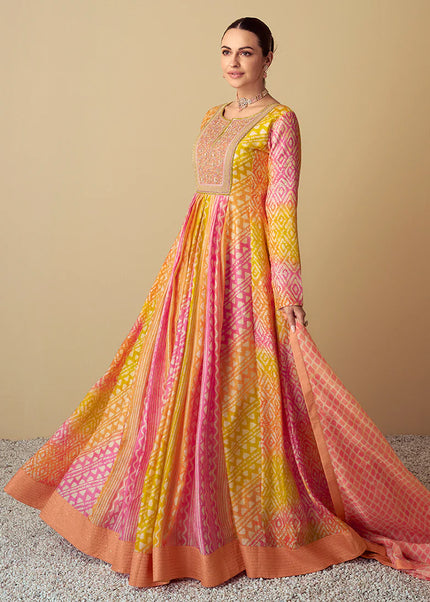 Yellow  Printed Embroidered Anarkali Gown