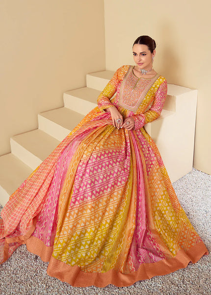 Yellow  Printed Embroidered Anarkali Gown