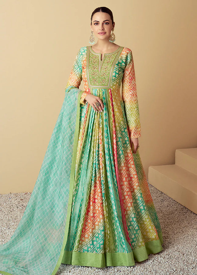 Green Printed Embroidered Anarkali Gown