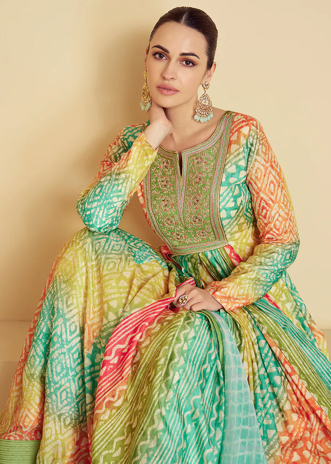 Green Printed Embroidered Anarkali Gown