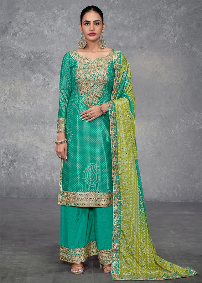 Green Digital Printed and Embroidered Palazzo Suit