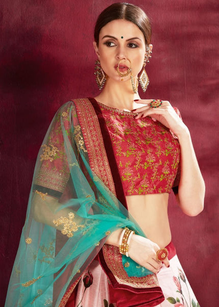 Rose Pink Floral Printed and Embroidered Lehenga Choli