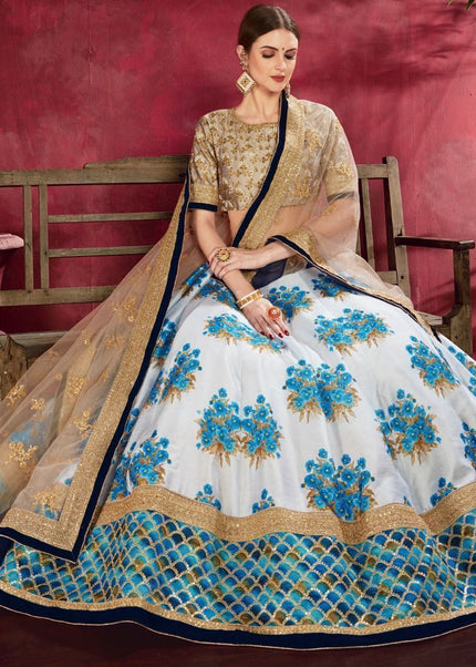 Blue and Beige Floral Printed and Embroidered Lehenga Choli