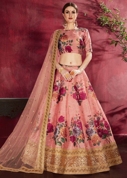 Peach Floral Printed and Embroidered Lehenga Choli