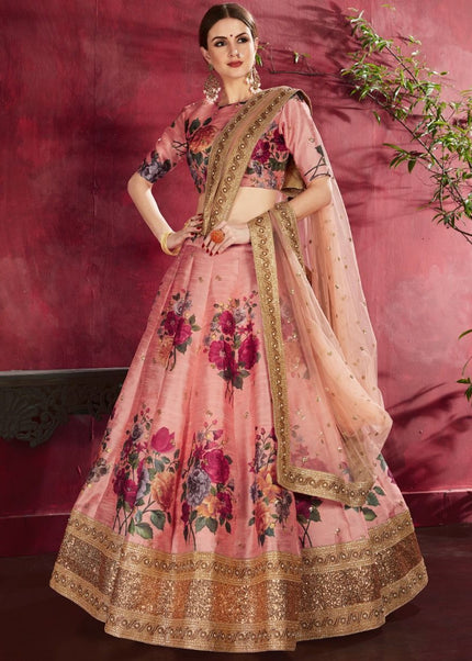 Peach Floral Printed and Embroidered Lehenga Choli