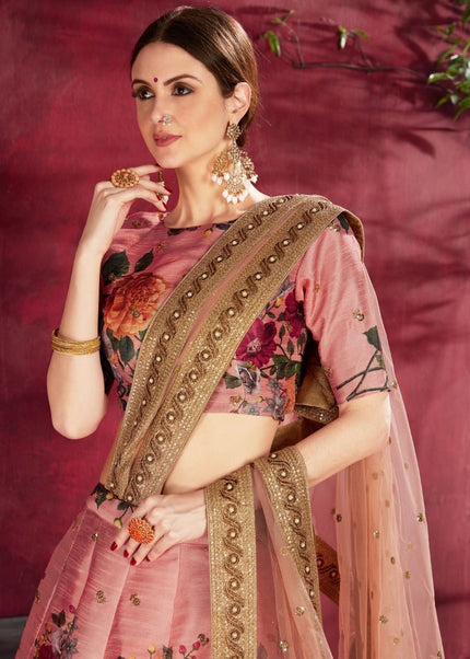 Peach Floral Printed and Embroidered Lehenga Choli