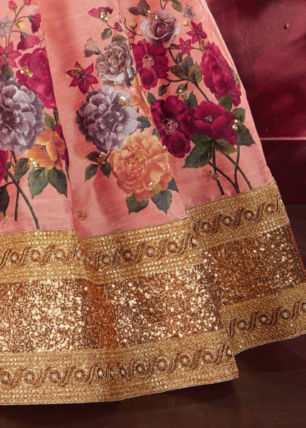 Peach Floral Printed and Embroidered Lehenga Choli