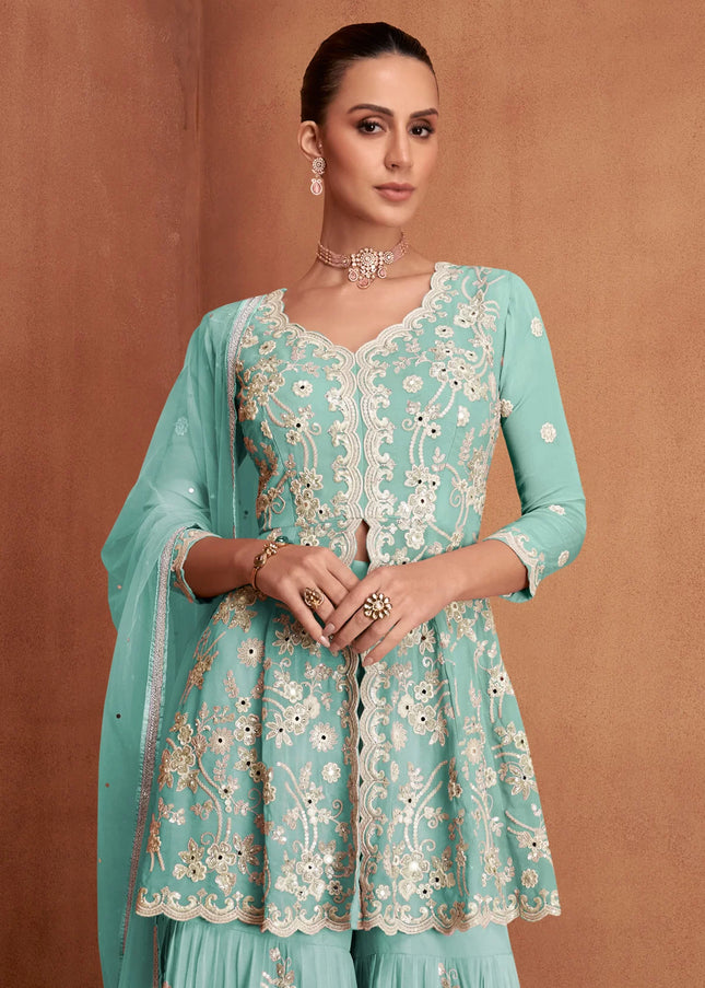Sky Blue Embroidered Gharara Suit