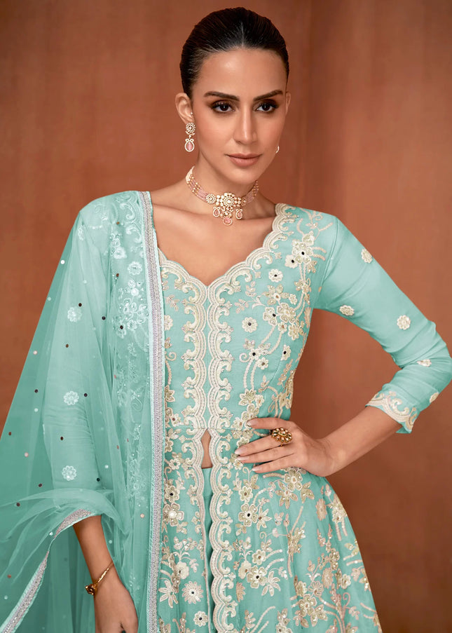 Sky Blue Embroidered Gharara Suit