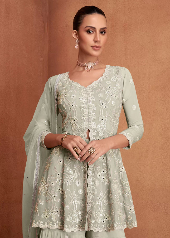 Sea Green Embroidered Gharara Suit