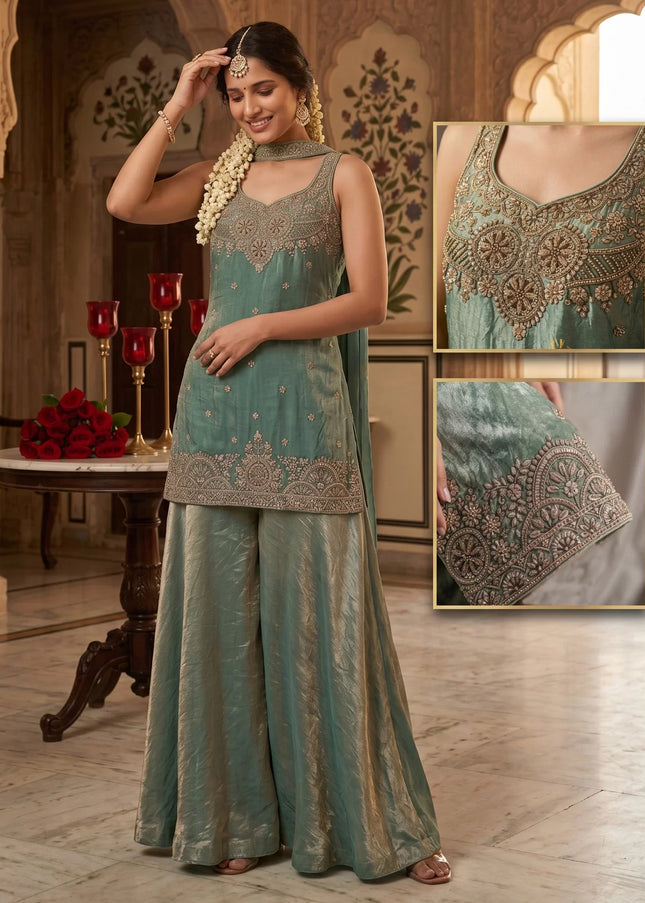 Sea Green Embroidered Sharara Suit