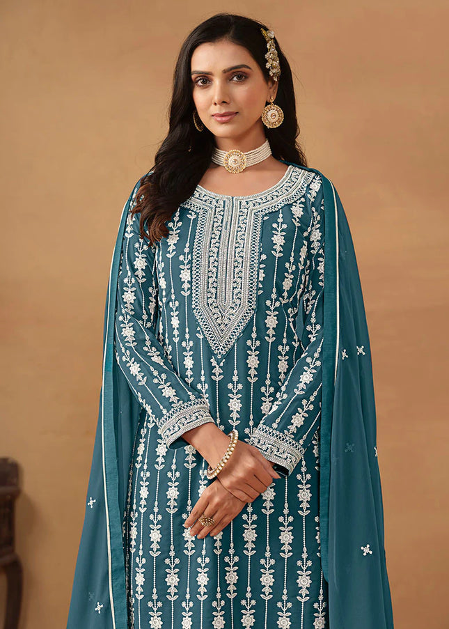 Blue Grey Embroidered Gharara Suit