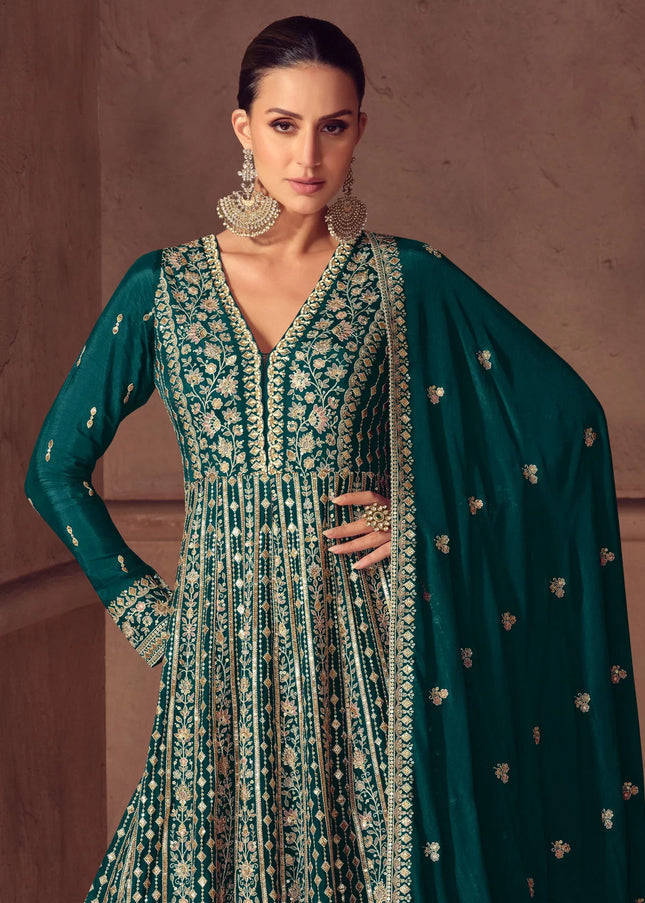 Teal Embroidered Anarkali Gown
