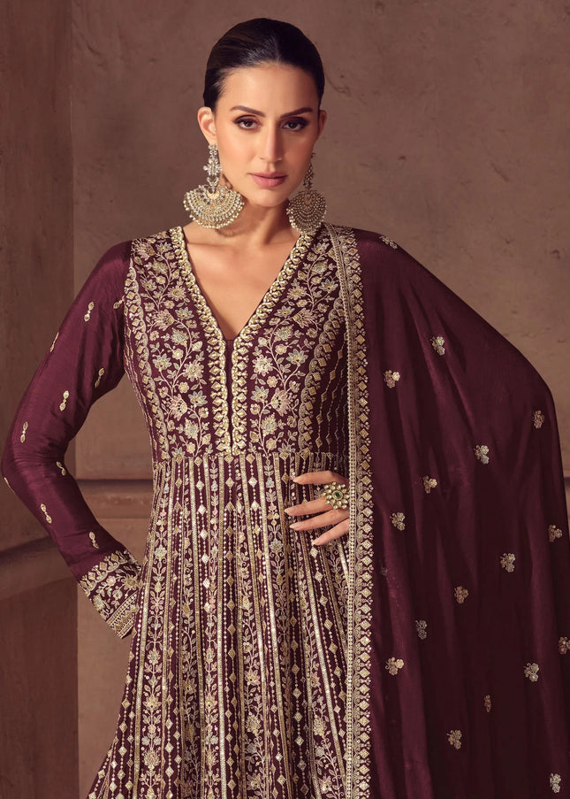 Maroon Embroidered Anarkali Gown
