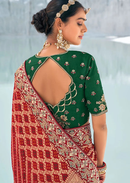 Red Embroidered Wedding/Festive Saree