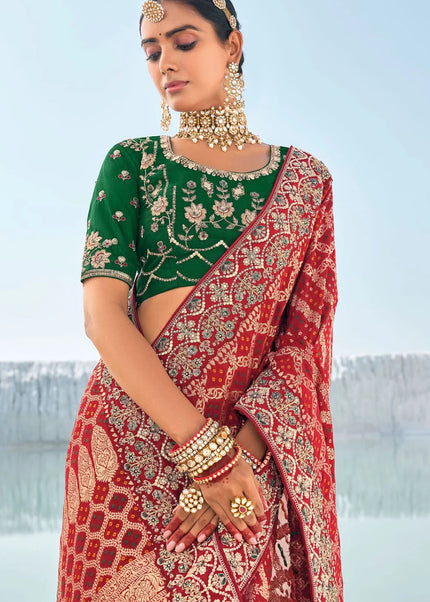 Red Embroidered Wedding/Festive Saree