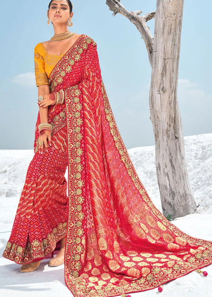 Red Embroidered Wedding/Festive Saree