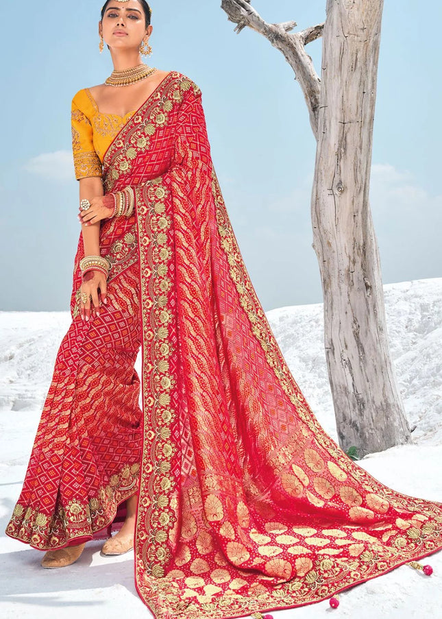 Red Embroidered Wedding/Festive Saree