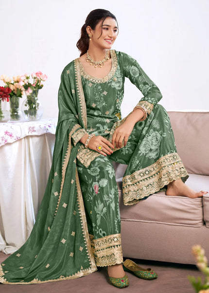 Green Printed and Embroidered Sharara Suit