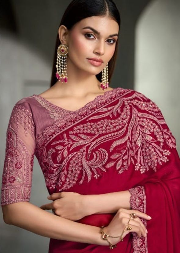 Maroon and Purple Embroidered Saree