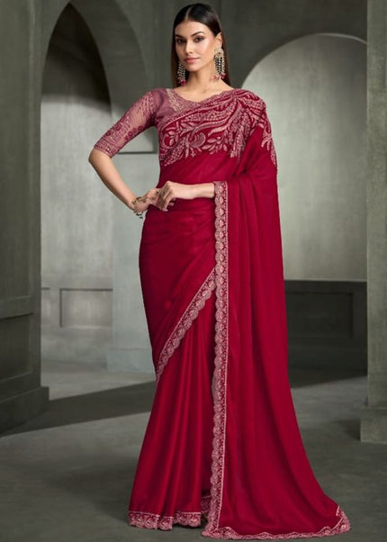Maroon and Purple Embroidered Saree