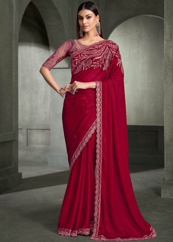 Maroon and Purple Embroidered Saree