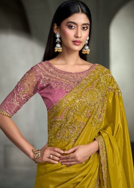 Mustard Yellow and Pink Embroidered Saree