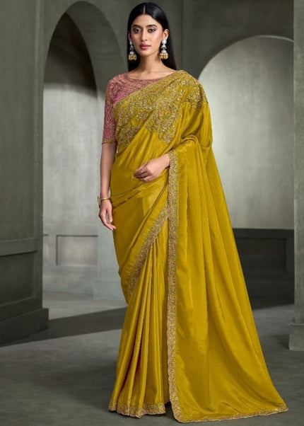 Mustard Yellow and Pink Embroidered Saree