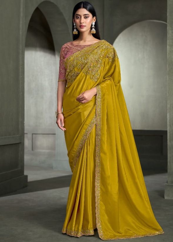 Mustard Yellow and Pink Embroidered Saree